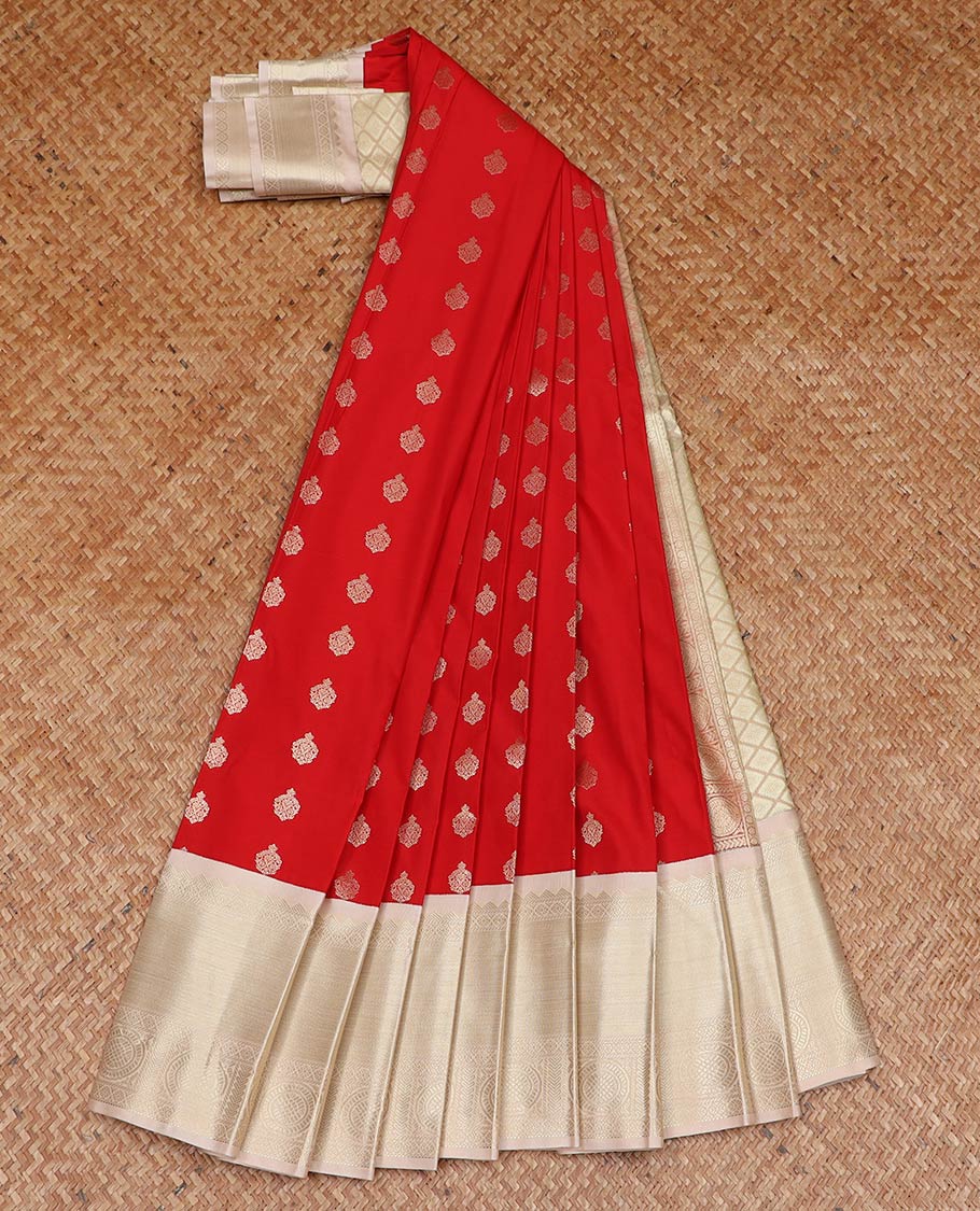 Red zari buttas gift saree, contrast traditional zari border, and jaal pallu