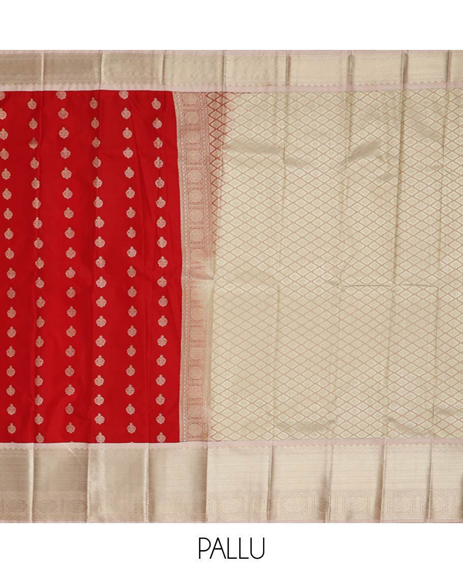 Red zari buttas gift saree, contrast traditional zari border, and jaal pallu