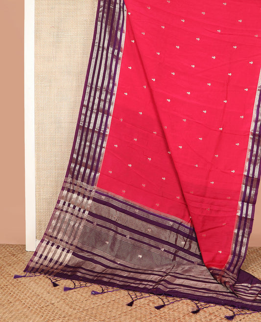 Pink zari buttas assam silk saree, contrast traditional zari design border, and zari striped pallu