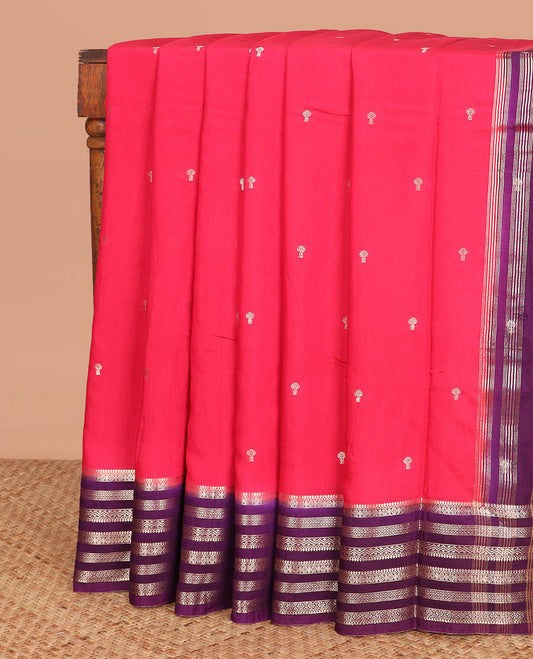 Pink zari buttas assam silk saree, contrast traditional zari design border, and zari striped pallu