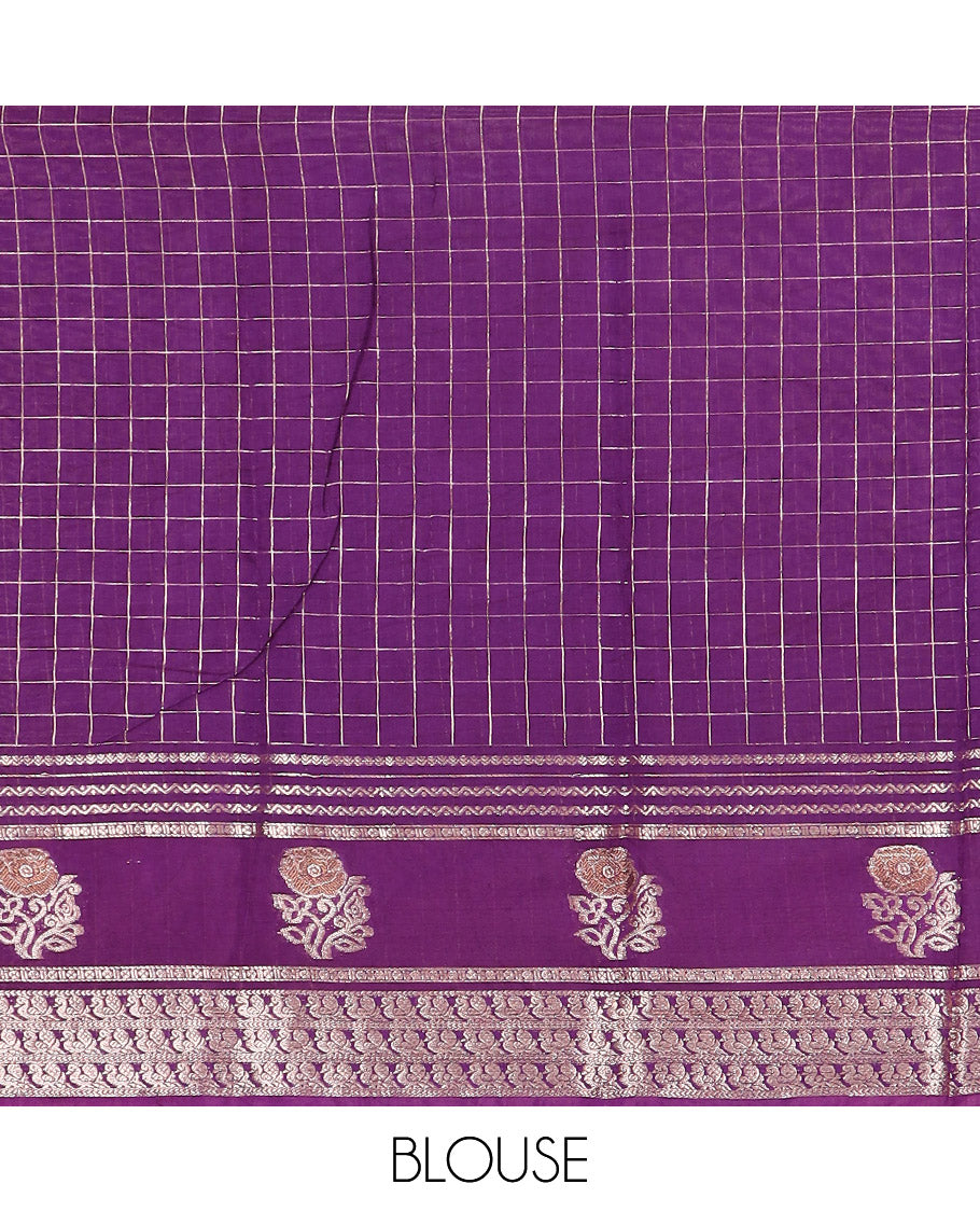 Red zari checked Assam silk saree, contrast traditional zari border of peacock and floral designs, and pallu of zari stripes