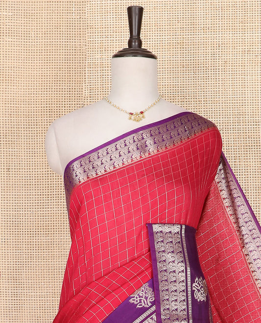 Red zari checked Assam silk saree, contrast traditional zari border of peacock and floral designs, and pallu of zari stripes