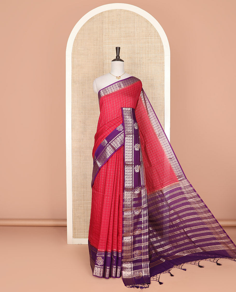 Red zari checked Assam silk saree, contrast traditional zari border of peacock and floral designs, and pallu of zari stripes