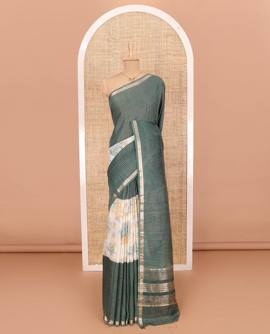 Green Assam Silk Saree Graced with Micro-Checks and Floral Prints, Featuring a Simple Piping Border, Subtly Woven Pallu with Zari Stripes, Paired with a Matching Checked Blouse
