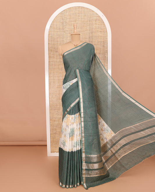 Green Assam Silk Saree Graced with Micro-Checks and Floral Prints, Featuring a Simple Piping Border, Subtly Woven Pallu with Zari Stripes, Paired with a Matching Checked Blouse