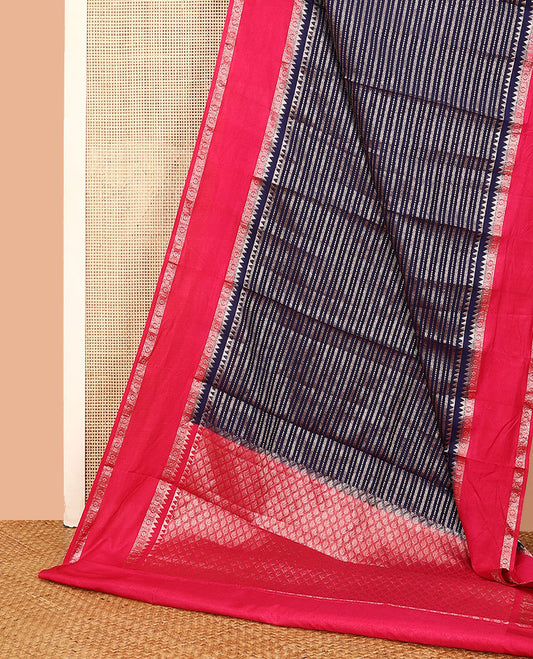 Navy blue zig-zag stripes with polka dots zari woven assam silk saree, contrast traditional motifs woven double border, and zari design pallu