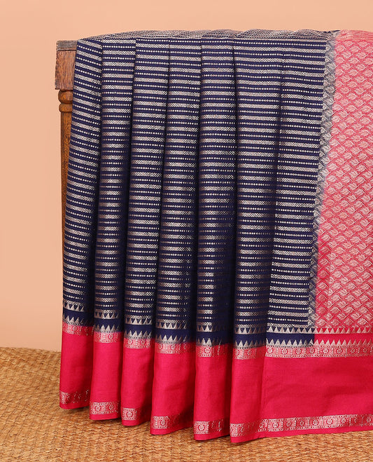 Navy blue zig-zag stripes with polka dots zari woven assam silk saree, contrast traditional motifs woven double border, and zari design pallu