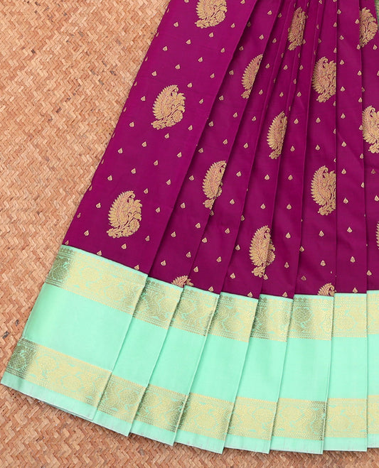 Purple Budget Silk Saree,  Gleamed Up with Zari Buttas, Complemented by a Contrast Traditional Zari Rettai Pettu Border, Grand Pallu, and Contrast Blouse