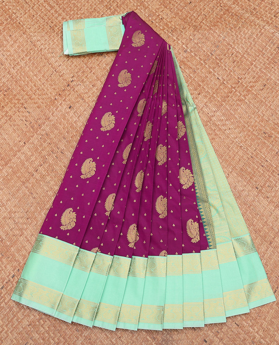 Purple Budget Silk Saree,  Gleamed Up with Zari Buttas, Complemented by a Contrast Traditional Zari Rettai Pettu Border, Grand Pallu, and Contrast Blouse
