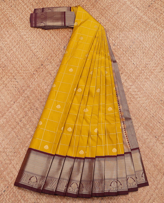 Yellow Budget Silk Saree, Subtly Sparkled with Zari Butta Enclosed Checks, Complemented by a Contrast Traditional Zari Design Border, Grand Pallu, and a Contrast Blouse