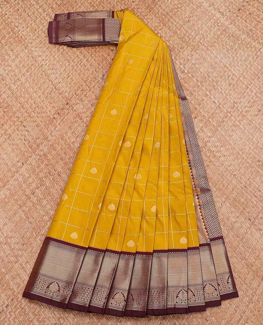 Yellow Budget Silk Saree, Subtly Sparkled with Zari Butta Enclosed Checks, Complemented by a Contrast Traditional Zari Design Border, Grand Pallu, and a Contrast Blouse