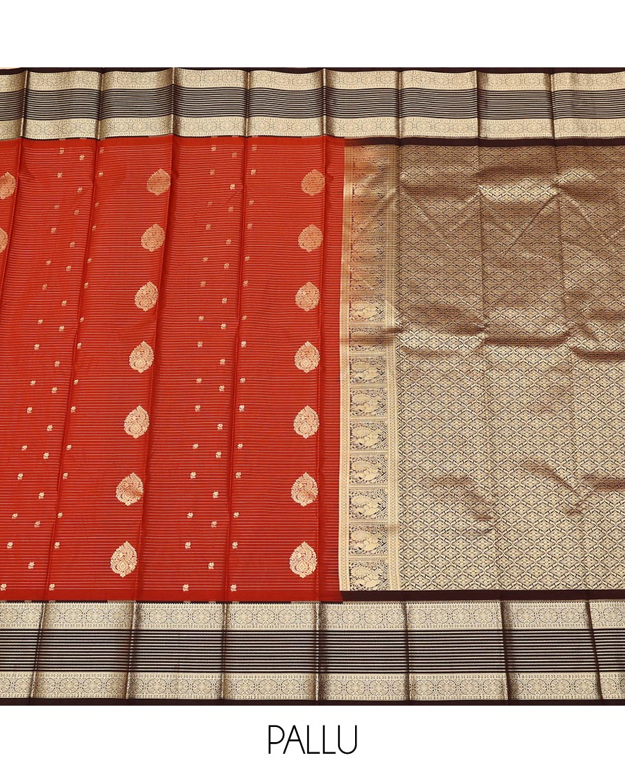 Red zari buttas, and striped gift saree, contrast traditional zari design border, and zari-rich jaal pallu