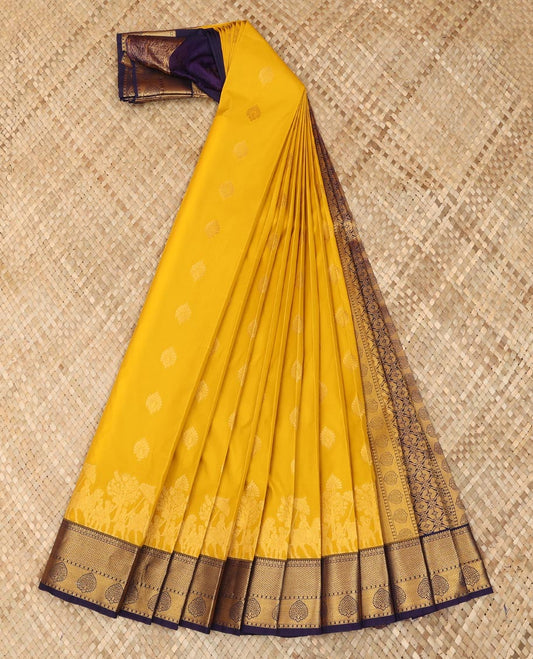 Yellow zari buttas and wedding-theme motifs zari woven budget silk saree, contrast traditional zari design border, and intricate pallu