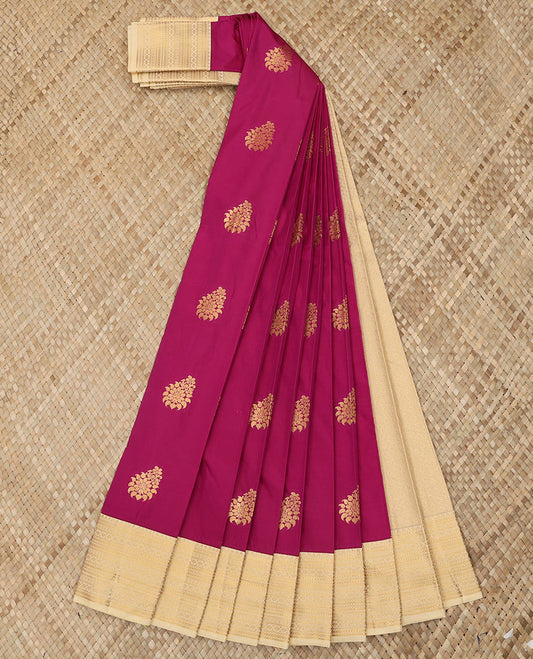 Magenta Budget Silk Saree Delicately Woven with Zari Buttas, Highlighted with a Contrast Traditional Zari Design Border, Subtle Pallu, and Paired with a Contrast Blouse