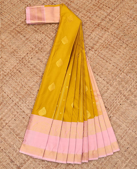 Yellow Budget Silk Saree, Gleamed Up with Zari Buttas All Over Its Body, Complemented by a Contrast Traditional Zari Design Rettai Pettu Border, Sparsely Woven Pallu of Jaal Designs, and Paired with a Contrast Blouse