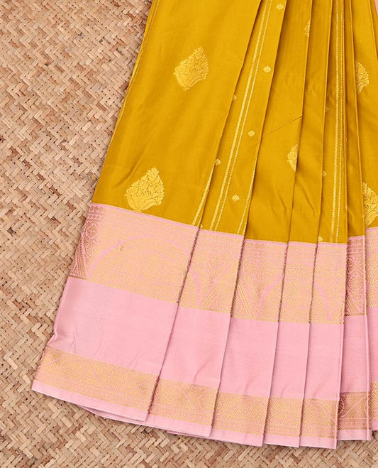 Yellow Budget Silk Saree, Gleamed Up with Zari Buttas All Over Its Body, Complemented by a Contrast Traditional Zari Design Rettai Pettu Border, Sparsely Woven Pallu of Jaal Designs, and Paired with a Contrast Blouse
