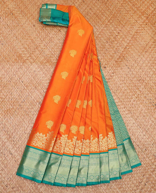 Orange Budget Silk Saree, Enriched with Zari Buttas All Over Its Body, Complemented by a Contrast Traditional Zari Design Border, Intricately Designed Pallu, and Paired with a Contrast Blouse