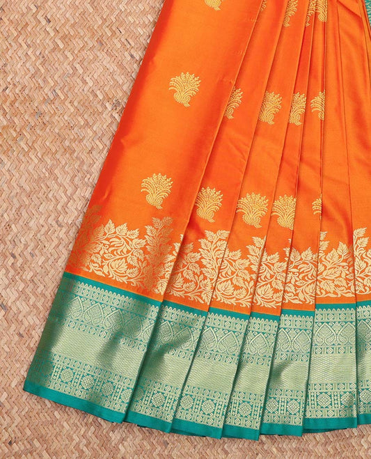 Orange Budget Silk Saree, Enriched with Zari Buttas All Over Its Body, Complemented by a Contrast Traditional Zari Design Border, Intricately Designed Pallu, and Paired with a Contrast Blouse
