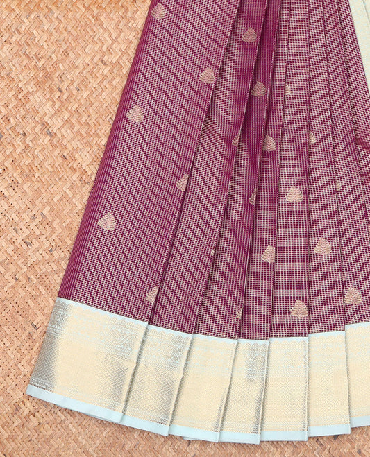 Light Maroon Budget Silk Saree, Sparsely Woven with Zari Buttas and Micro-Checks on Its Body, Complemented by a Contrast Traditional Zari Design Border, Jaal Design Pallu, and Paired with a Contrast Blouse