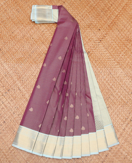 Light Maroon Budget Silk Saree, Sparsely Woven with Zari Buttas and Micro-Checks on Its Body, Complemented by a Contrast Traditional Zari Design Border, Jaal Design Pallu, and Paired with a Contrast Blouse