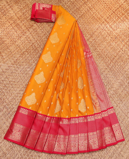Orange Budget Silk Saree, Detailed with Zari Buttas, Complemented by a Contrast Traditional Zari Design Border, Grand Jaal Pallu, and a Contrast Blouse