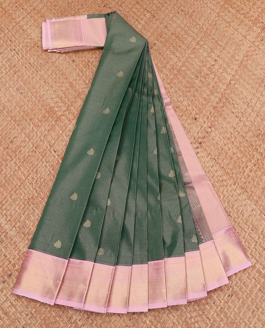 Green Budget Silk Saree, Gleamed Up with Zari Buttas and Checks, Complemented by Contrast Traditional Zari Border, Jaal Pallu, and a Contrast Blouse
