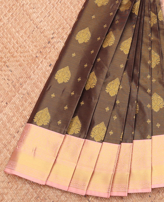 Brown Budget Silk Saree, Gleamed Up with Zari Buttas, Complemented by a Contrast Traditional Zari Border, Grand Pallu, and a Contrast Blouse