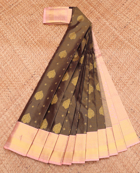 Brown Budget Silk Saree, Gleamed Up with Zari Buttas, Complemented by a Contrast Traditional Zari Border, Grand Pallu, and a Contrast Blouse