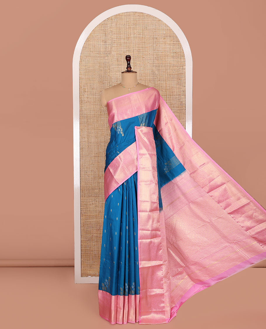 Blue Budget Silk Saree, Majestically Detailed with Zari Buttas on Its Body, Complemented by a Contrast Traditional Zari Design Border, Pallu Features Jaal Designs, and Paired with a Contrast Blouse