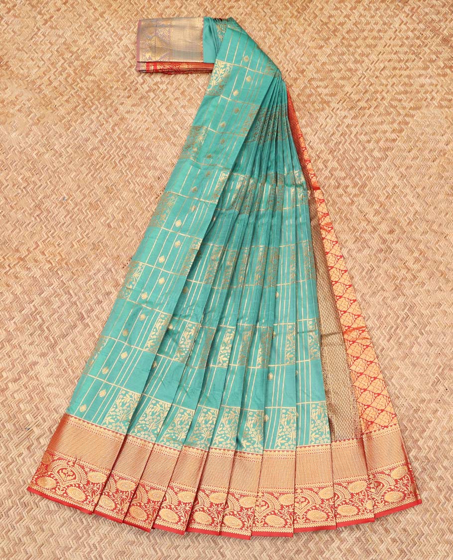 Blue Budget Silk Saree, Bedecked with Jacquard Design, Complemented by Contrast Traditional Zari Border, a Grand Jaal Pallu and a Contrast Blouse