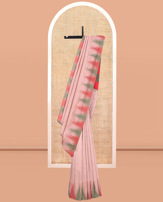 Pale Pink Plain Bangalore Silk Saree, Complemented by a Contrast Temple Border, Striped Pallu, and Contrast Blouse