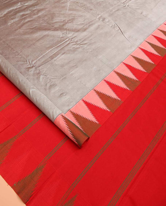 Grey plain Bangalore silk saree, contrast temple border, and striped pallu