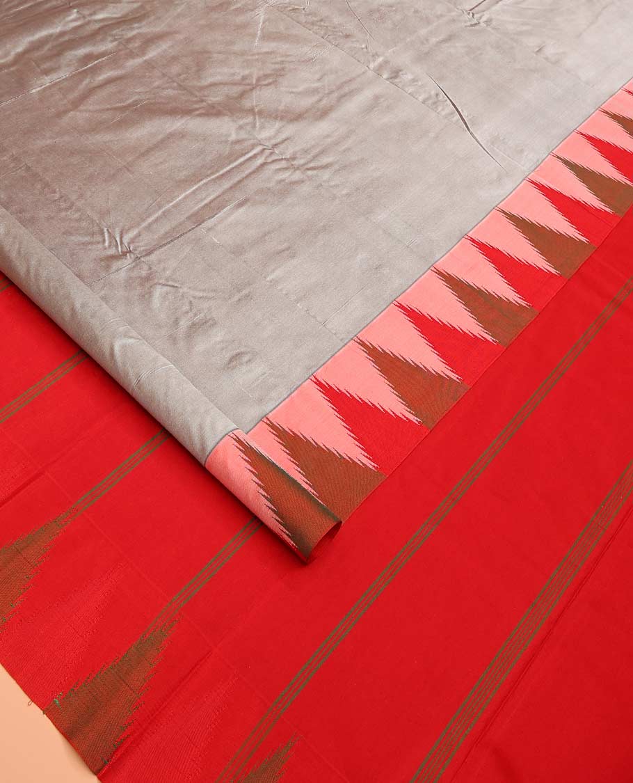 Grey plain Bangalore silk saree, contrast temple border, and striped pallu