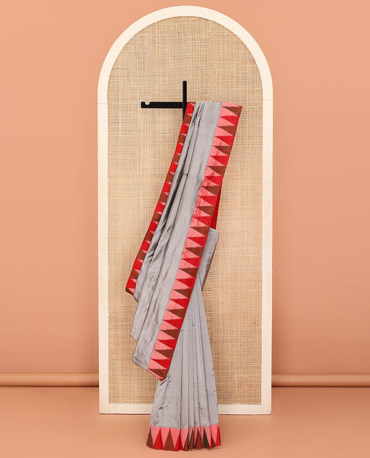 Grey plain Bangalore silk saree, contrast temple border, and striped pallu