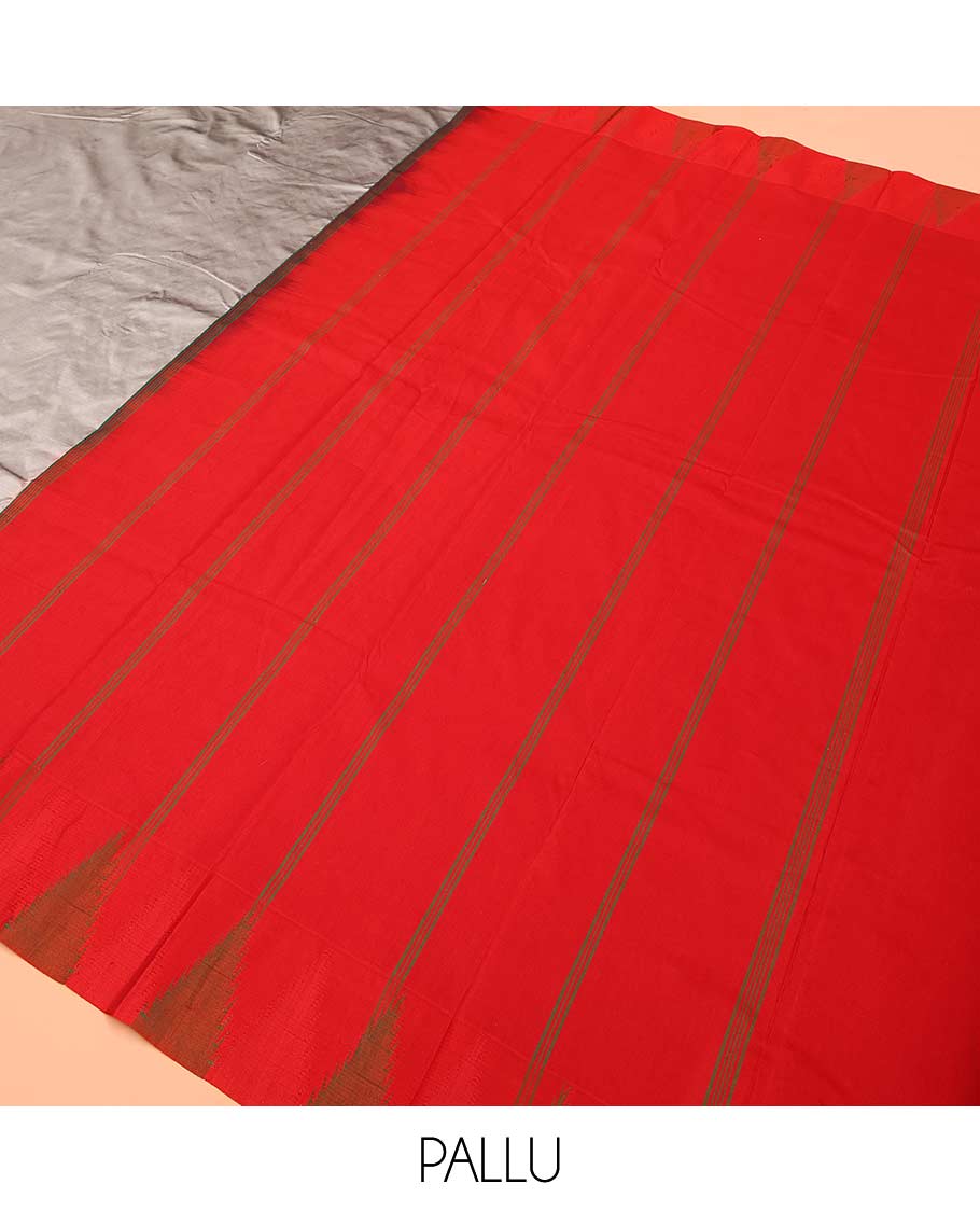 Grey plain Bangalore silk saree, contrast temple border, and striped pallu