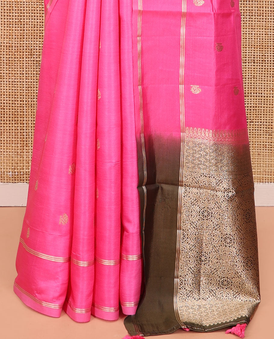 Pink Satin Silk Saree, Spotlighted with Zari Buttas All Over Its Body, Highlighted by Rettai Pettu Border, Complemented by a Contrast Intricately Designed Pallu, and Paired with a Contrast Blouse