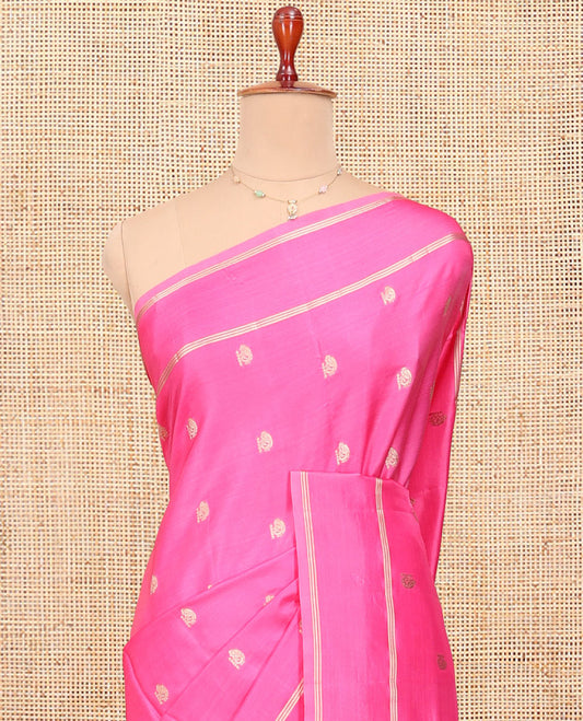 Pink Satin Silk Saree, Spotlighted with Zari Buttas All Over Its Body, Highlighted by Rettai Pettu Border, Complemented by a Contrast Intricately Designed Pallu, and Paired with a Contrast Blouse