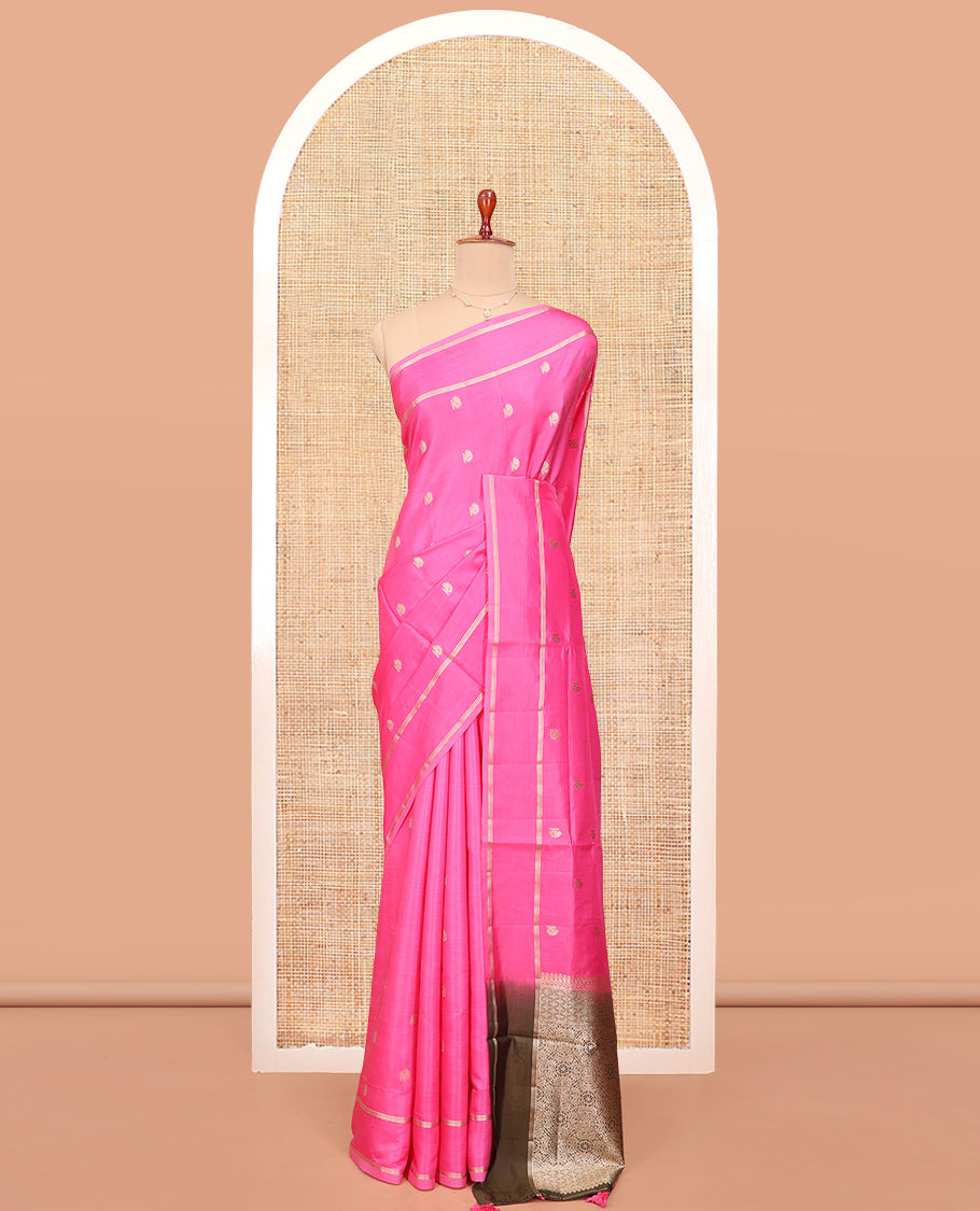 Pink Satin Silk Saree, Spotlighted with Zari Buttas All Over Its Body, Highlighted by Rettai Pettu Border, Complemented by a Contrast Intricately Designed Pallu, and Paired with a Contrast Blouse