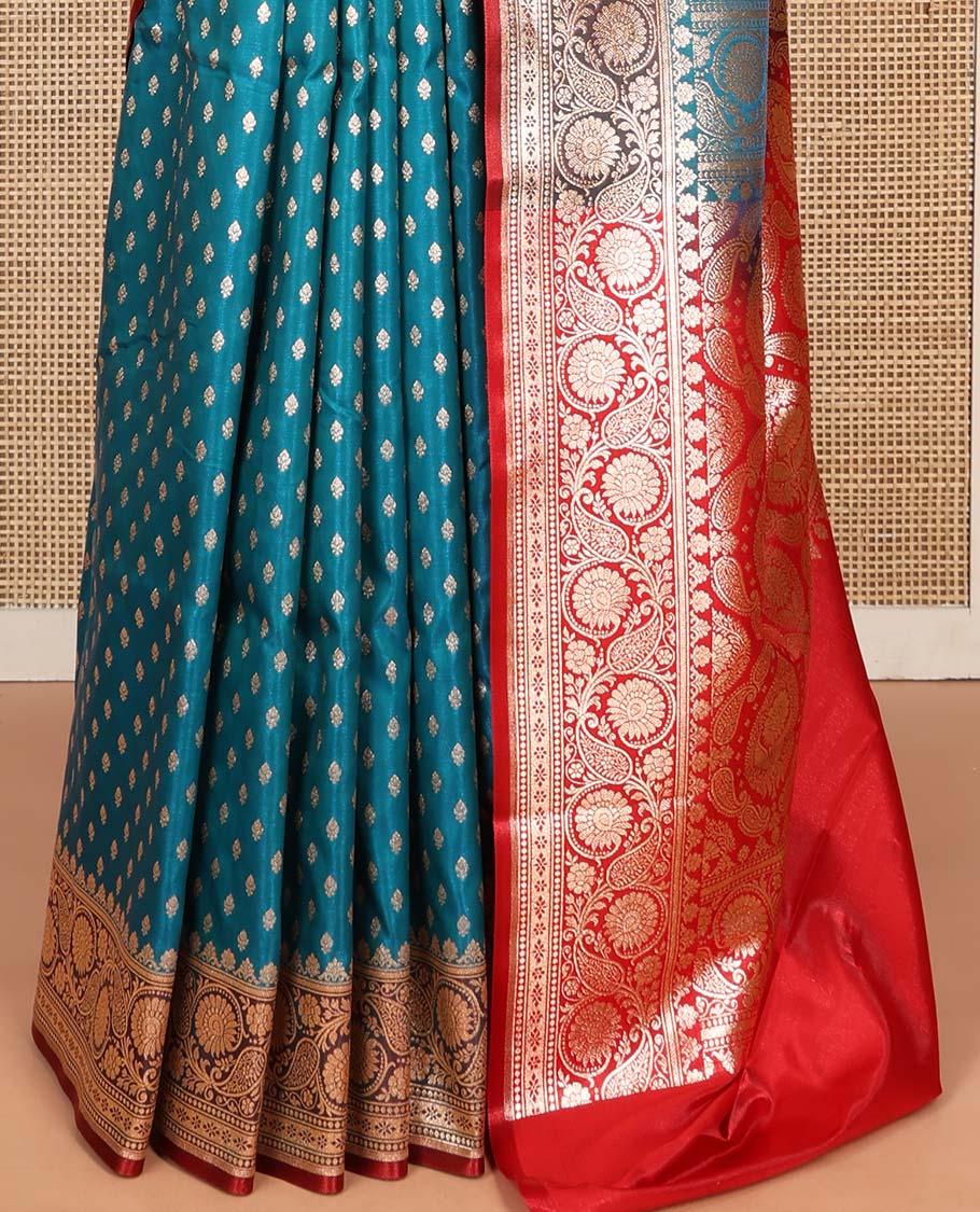 Blue Semi-Banaras Saree, Boldly Accentuated with Buttas on Its Body, Complemented by a Contrast Floral Creeper Design Border, Intricately Designed Pallu, and Paired with a Contrast Blouse