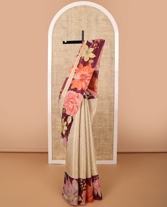 Sandal motifswith contrast floral design border & floral printed pallu