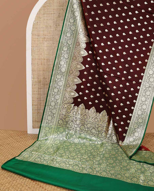 Dark brown floral buttas semi banaras nylon saree with contrast intricate zari design border & floral vine design pallu