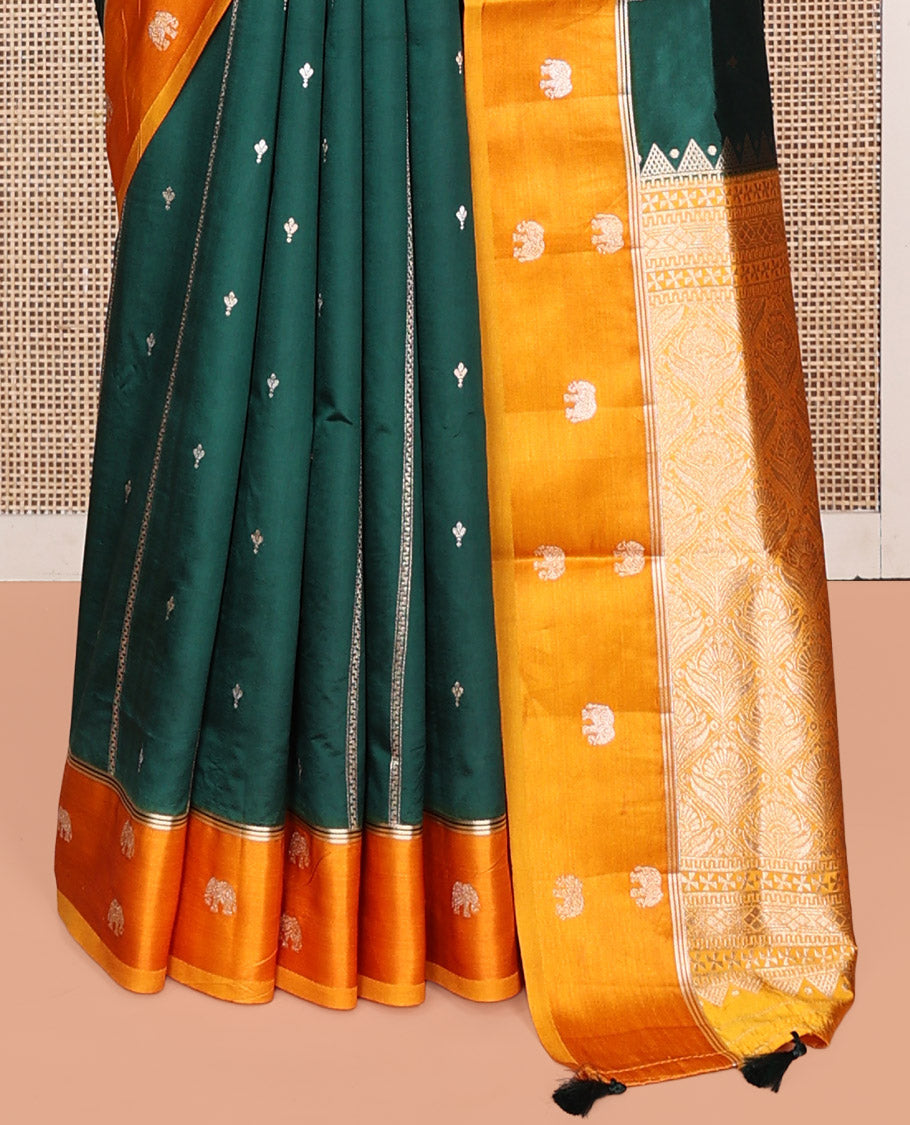 Green Satin Silk Saree, Adorned with Buttas and Stripes, Complemented by a Contrast Elephant Motif Border,  Grand Jaal Pallu, and a Contrast Blouse