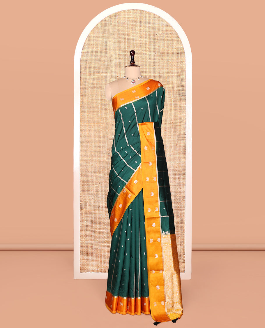 Green Satin Silk Saree, Adorned with Buttas and Stripes, Complemented by a Contrast Elephant Motif Border,  Grand Jaal Pallu, and a Contrast Blouse