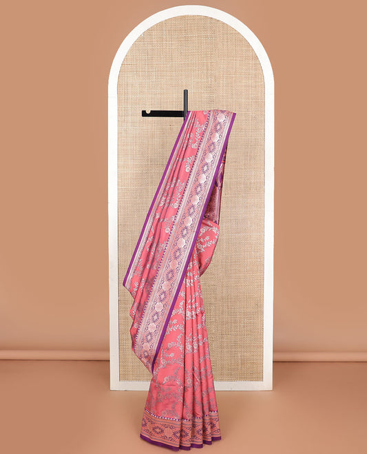 Brown floral jaal design butter silk saree with contrast floral zari design border & floral design pallu