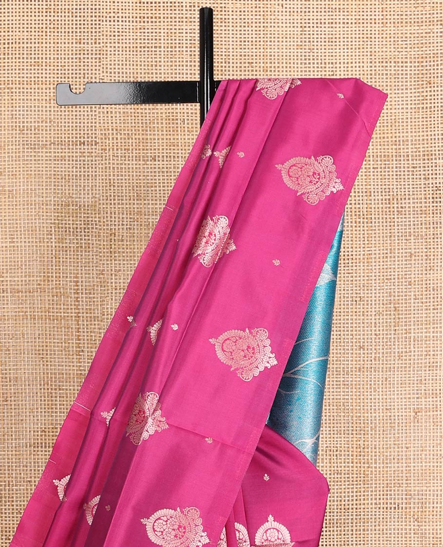 Borderless pink zari buttas butter silk saree, contrast rose floral design weave pallu
