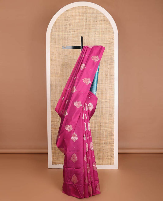 Borderless pink zari buttas butter silk saree, contrast rose floral design weave pallu