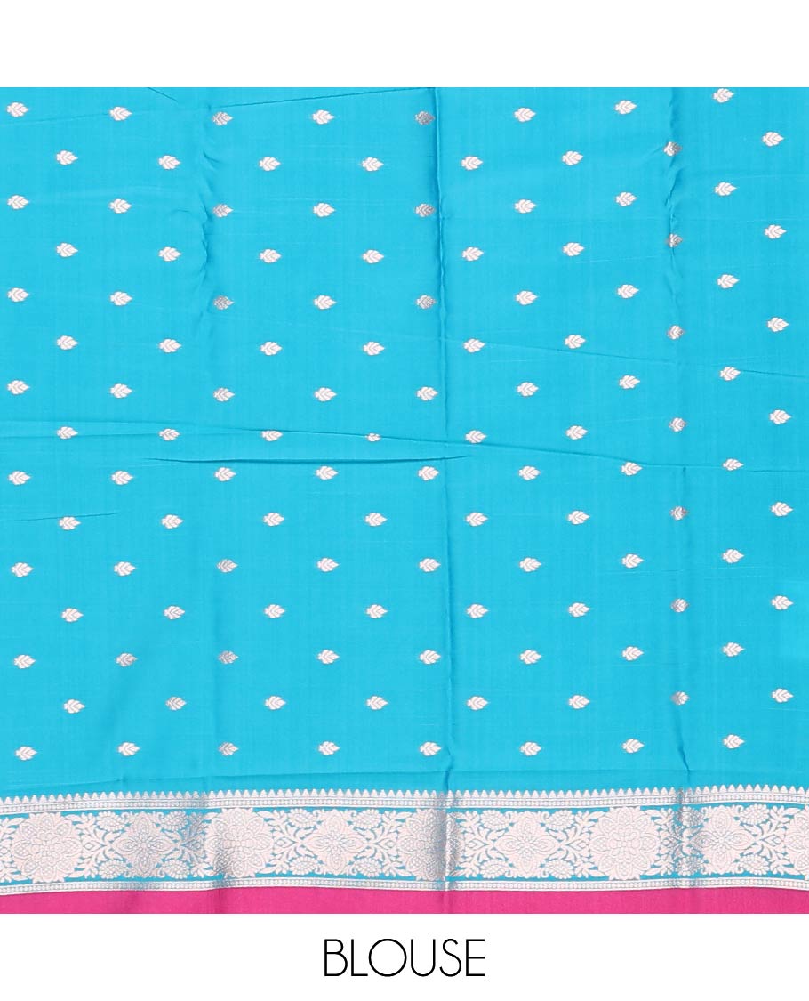 Borderless pink zari buttas butter silk saree, contrast rose floral design weave pallu