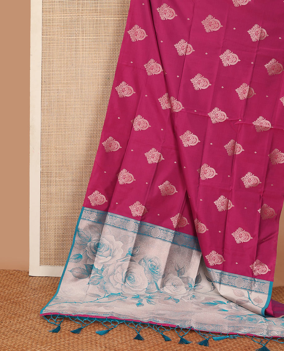 Borderless pink zari buttas butter silk saree, contrast rose floral design weave pallu