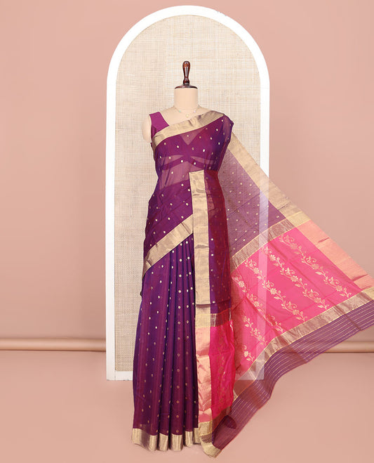 Purple Chanderi Cotton Saree, Decked Up with Buttas All Over Its Body, Highlighted by Zari Border, Pallu of Floral Creeper Designs, and Paired with a Contrast Blouse