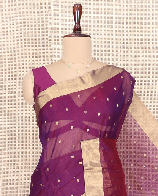 Purple Chanderi Cotton Saree, Decked Up with Buttas All Over Its Body, Highlighted by Zari Border, Pallu of Floral Creeper Designs, and Paired with a Contrast Blouse